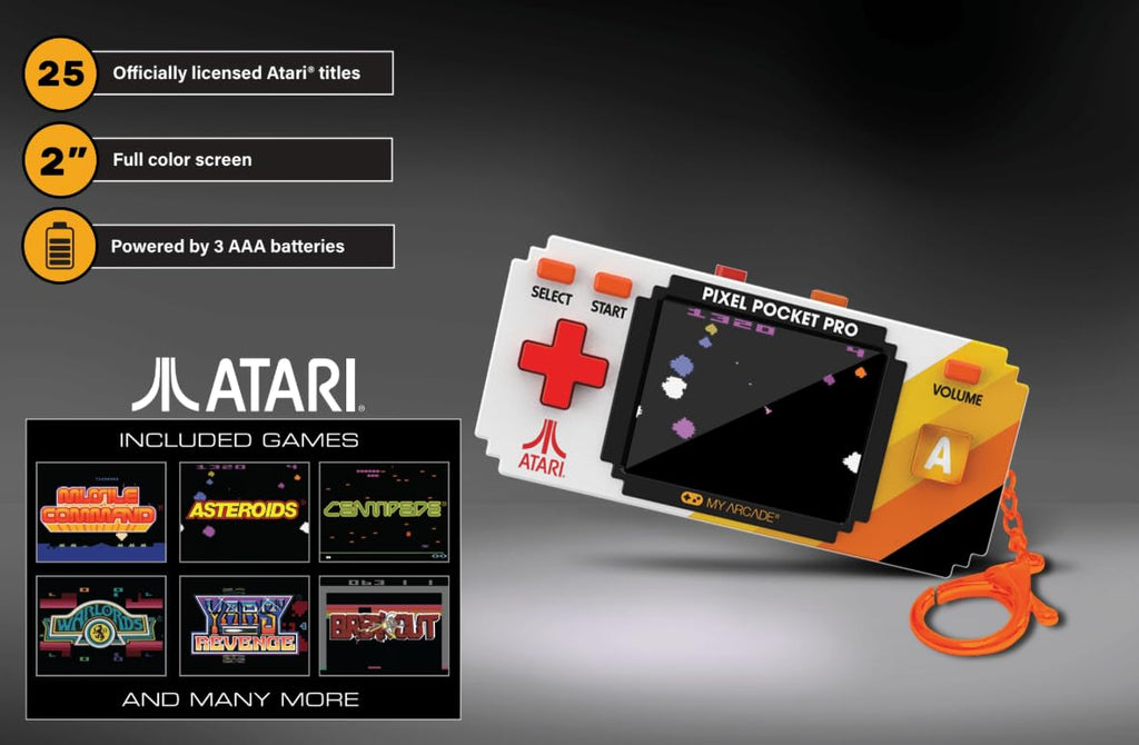 My Arcade Atari Pixel Pocket Pro: Preloaded Handheld, 25 Atari 2600 Games, Keychain Arcades