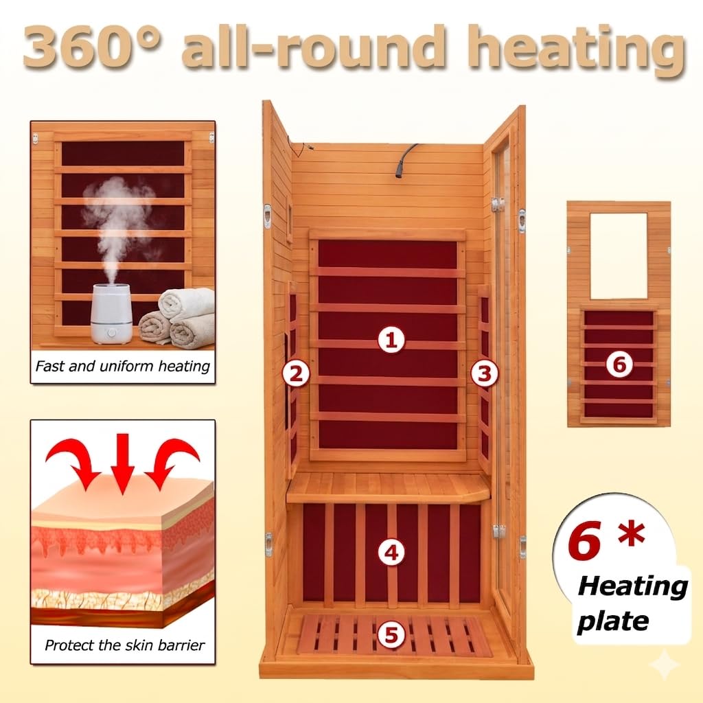 1350W Far Infrared Home Sauna, Energy-Efficient Fast-Heating Indoor Sauna Room with Bluetooth & 7-Color Therapy, Canadian Hemlock Wood, Modular Design - Ideal for Home Gym, Family Relaxation