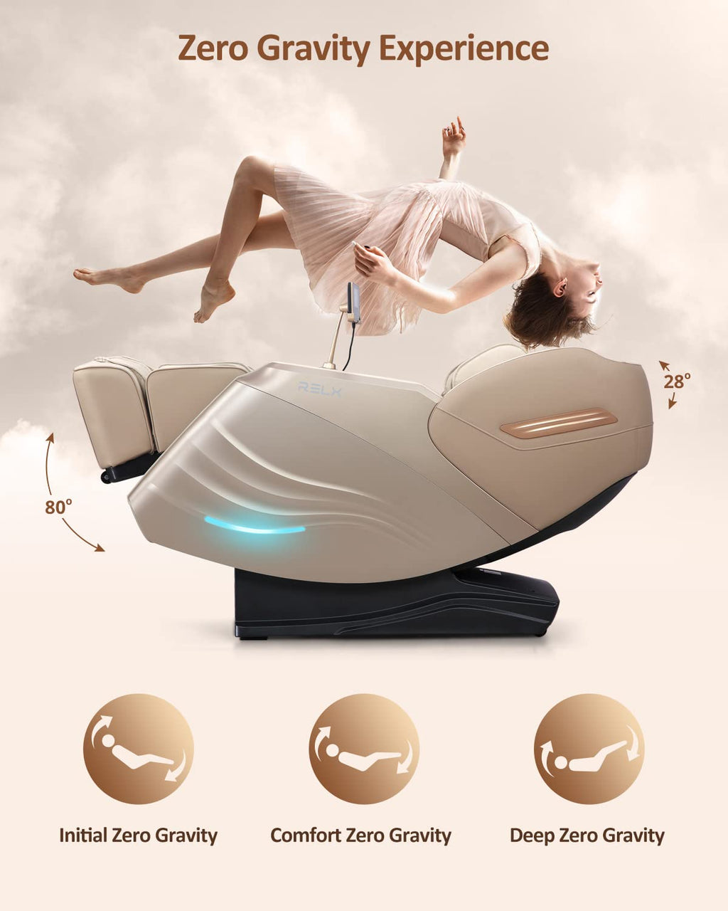 RELX Massage Chair Full Body, 20 Modes Zero Gravity SL-Track Shiatsu Massage Chair Built-in Heat System, Airbag Massage with Body Scan, Deep Yoga Stretch, Calfrest Extension and AI Control(Cream)
