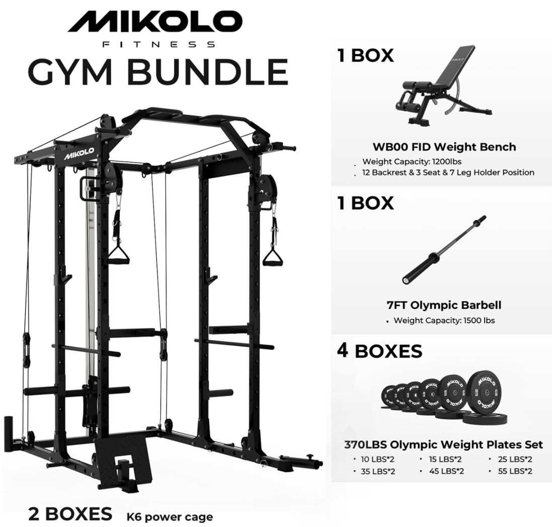 Mikolo Power Cage, Power Rack with Cable Crossover System, 1500LBS Squat Rack with LAT Pull Down System, Workout Cage with Pulley System for Fitness Home Gym