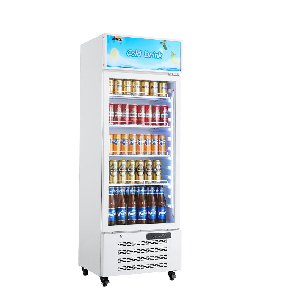 VEVOR Commercial Merchandiser Refrigerator, 6.9 Cu.Ft / 195L Glass Door Display Refrigerator, Upright Beverage Cooler Fridge with 4 Adjustable Shelves, Soft LED Light & Casters for Homes Shops Bars