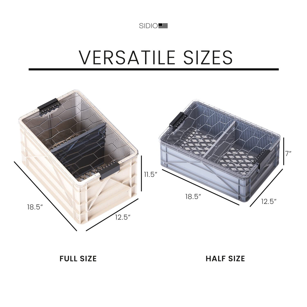 SIDIO CRATE Starter Pack - Two Full Size and One Half Size SidioCrate, Stackable Outdoor Organizer Storage Bins with Clear Lid and Dividers - Tan