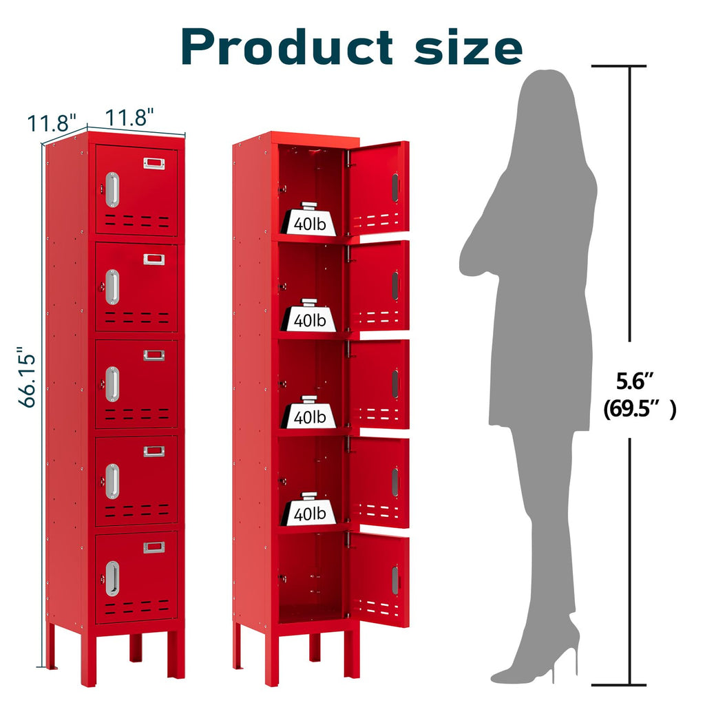 BUTISOW Metal Lockers - 66" Height Steel Lockers for Employees with 5 Door Storage Locker with Card Slot for Employees Gym School Home Office Garage - Assembly Required