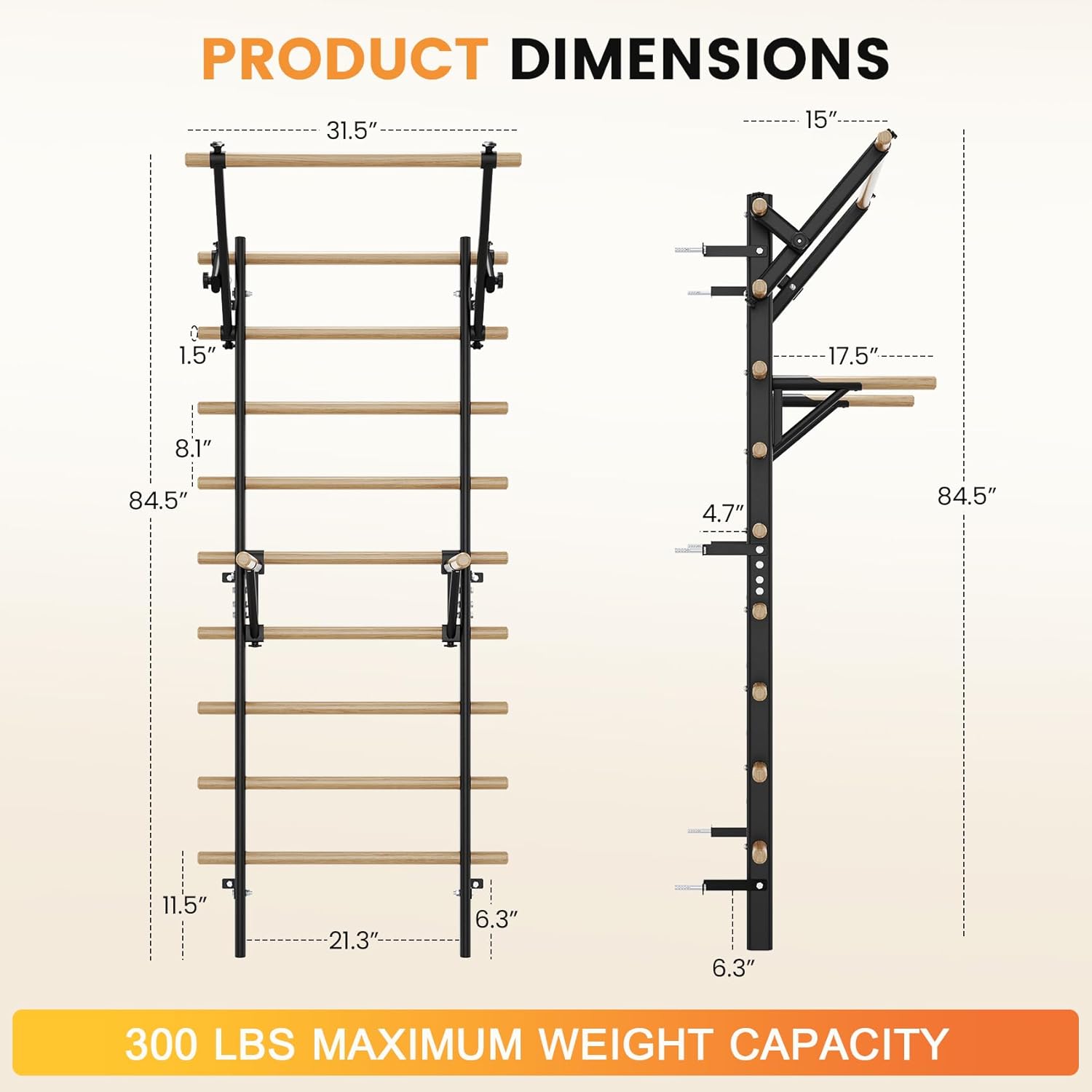 Swedish Ladder Wall Gym, Stall Bar Home Gym with Adjustable Pull-Up Bar, Dip Bar Attachments & 2pcs Resistance Band, 9 Strategic Rods for for Home, School, Hysical Therapy and Gymnastics
