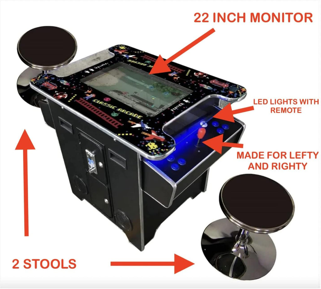 Top Us Video Arcades Full Size Commercial Grade Cocktail Arcade Machine 2 Player Retro 60 Games 22" LCD Screen Tempered Glass 2 Stools Included 5 Year Warranty Black
