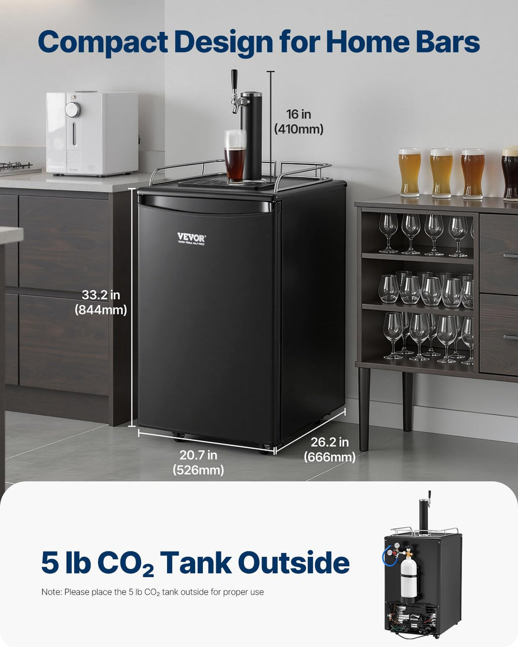 VEVOR Beer Kegerator, Dual Tap Commercial Draft Beer Dispenser for D system, Full Size Keg Refrigerator with 5lbs CO2 Tank, Hold 2 Sixth / 2 Ball lock keg, Black