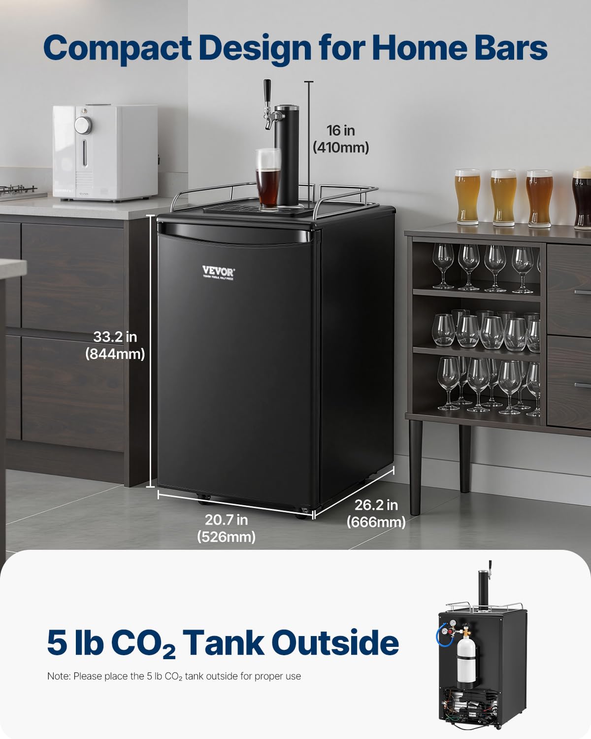 VEVOR Beer Kegerator, Dual Tap Commercial Draft Beer Dispenser for D system, Full Size Keg Refrigerator with 5lbs CO2 Tank, Hold 2 Sixth / 2 Ball lock keg, Black