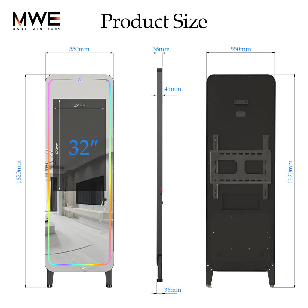 Smart Gym Mirror for Home Workout | 32" HD Touch-Screen Andriod OS | 63" Reflective Surface | No VIP Fees Support Various APPs, Music Sync LED Light Strip, for Home Gym/Yoga/Dance