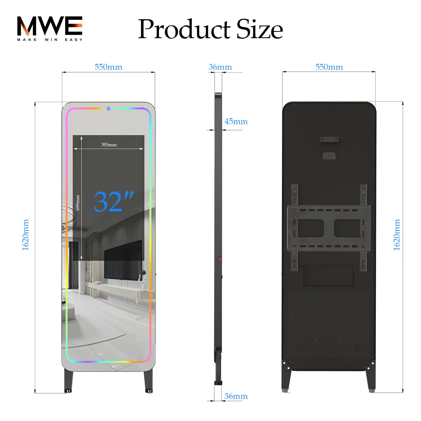 Smart Gym Mirror for Home Workout | 32" HD Touch-Screen Andriod OS | 63" Reflective Surface | No VIP Fees Support Various APPs, Music Sync LED Light Strip, for Home Gym/Yoga/Dance