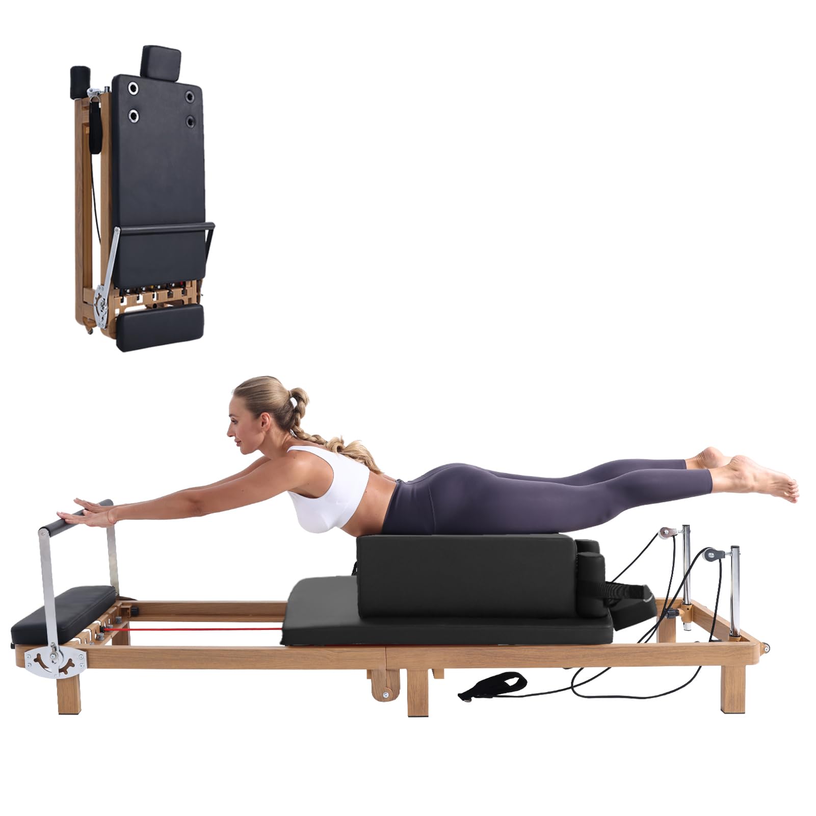 Foldable Pilates Reformer Machine – 88" Long Imitation Wood Frame with Jumpboard & Box Included, Dual Resistance System (Springs + Latex Tubes) for Full Body Workout, Home Gym Equipment for Women Men