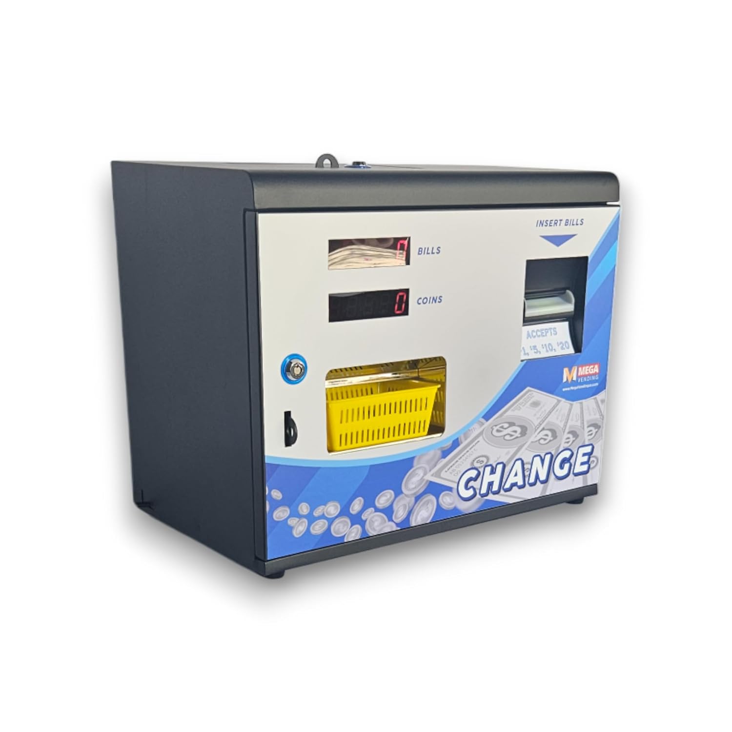 Dollar Bill Changer Machine – Front Door Bill to Coin Change Machine Black, Slots, Arcades, Laundry Stores Accepts Various Denominations to Dispense US Quarters/Tokens – Fits 3000 Coins