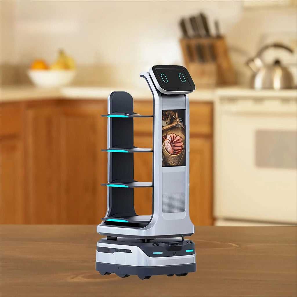 Autonomous Restaurant Service Robot – Smart Waiter for Food & Drink Delivery, Contactless Commercial Meal Server, Large Tray Collection, Automatic Obstacle Avoidance, Self-Charging, Indoor Navigation