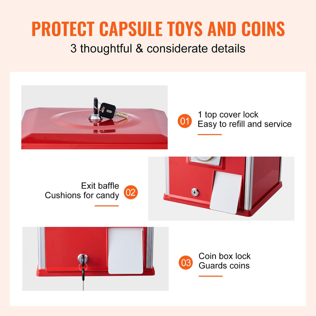 VEVOR Gumball Machine, 21" Height Home Vending Machine, PS Bouncy Balls Dispenser, Hold 180 Capsule Toys, Rectangle Bubble Gum Machine for Game Stores, Coin Operated Gumball Bank, Red