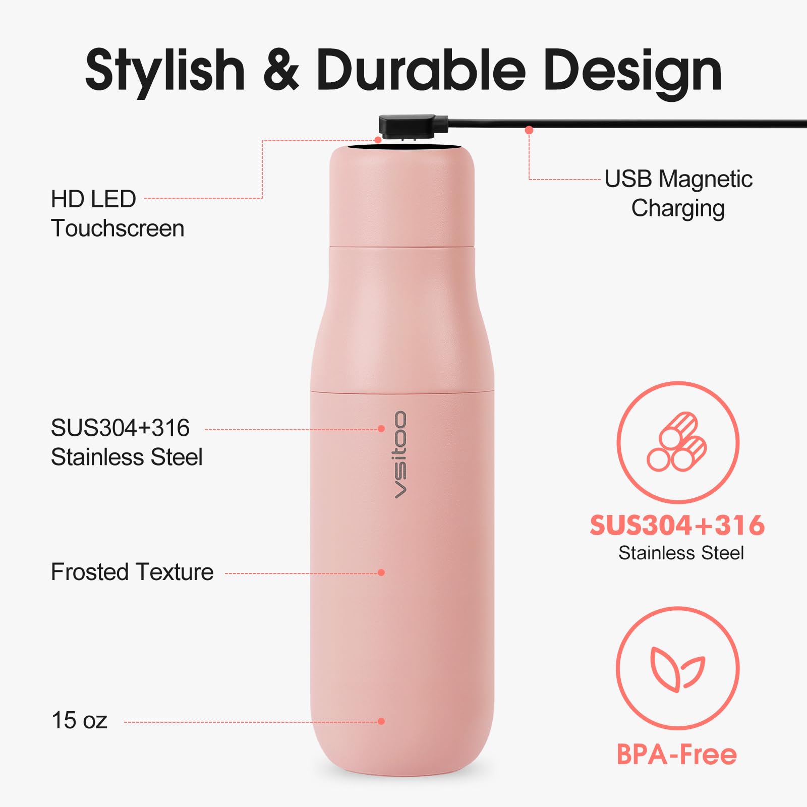 VSITOO 15oz Mini Smart Water Bottle，Self-Cleaning Insulated Bottle, Small Thermoses with AI, App & Touchscreen, Perfect Purse Water Bottle for Travel, Gym & Office, Pink