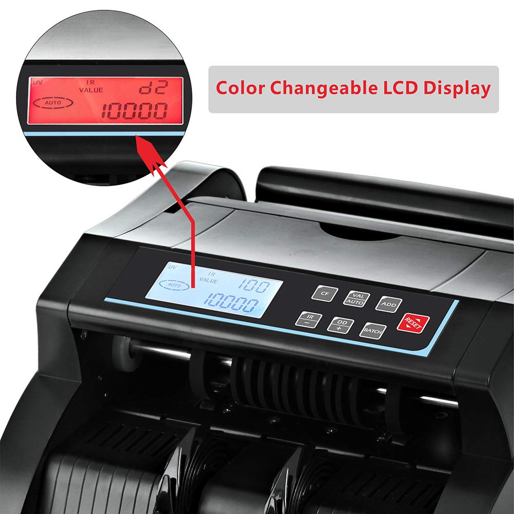Money Counter Machine Count Value,UV/MG/MT/IR Counterfeit Detection Bill Counter,US Dollar only Cash Counter, Add+Value/Batch+Value Modes,Money Counting Machine with LCD Display (Black+Grey)