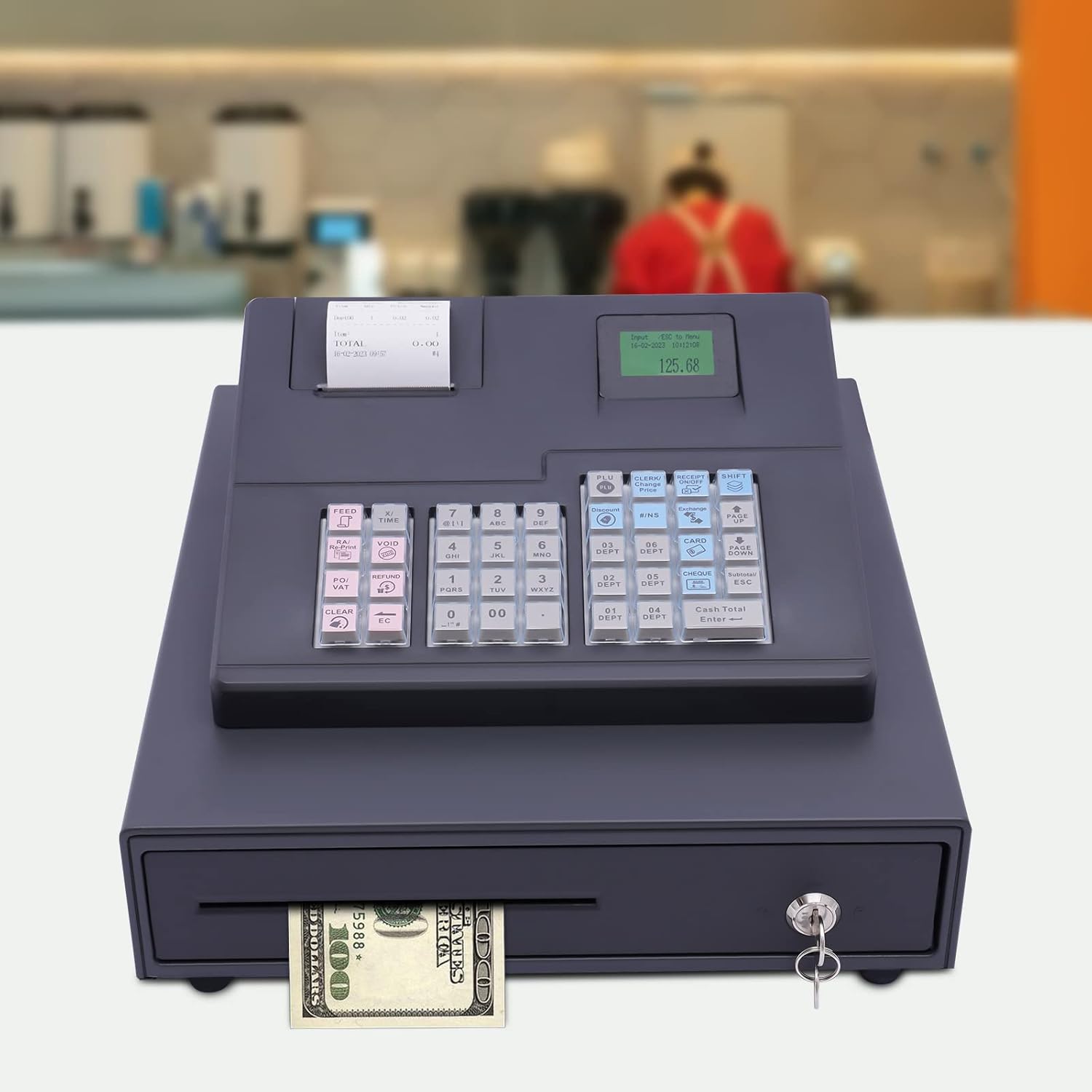 ECR600 Cash Register 38 Keys POS Cash Register for Small Businesses ATM Machines for Sale, Quick Load Thermal Printer, Compact Size, Cash and Coin Drawer, Black