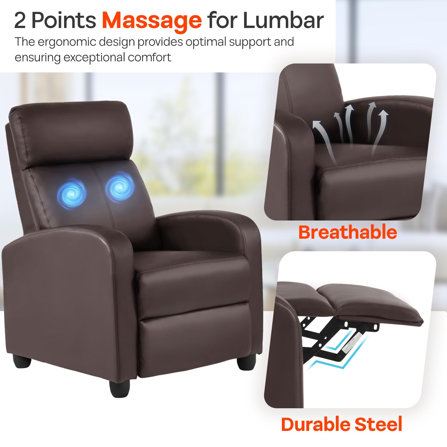 FDW Recliner Sofa Massage Chair Home Theater Seating with Lumbar Support and Padded Backrest for Living Room and Bedroom (Leather, Black)
