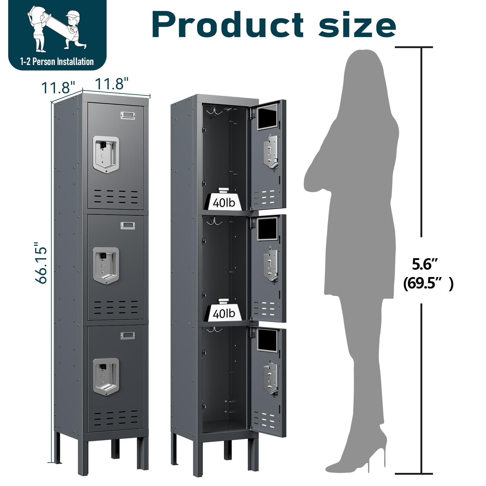 BUTISOW Metal Lockers - 66" Height Steel Lockers for Employees with 5 Door Storage Locker with Card Slot for Employees Gym School Home Office Garage - Assembly Required