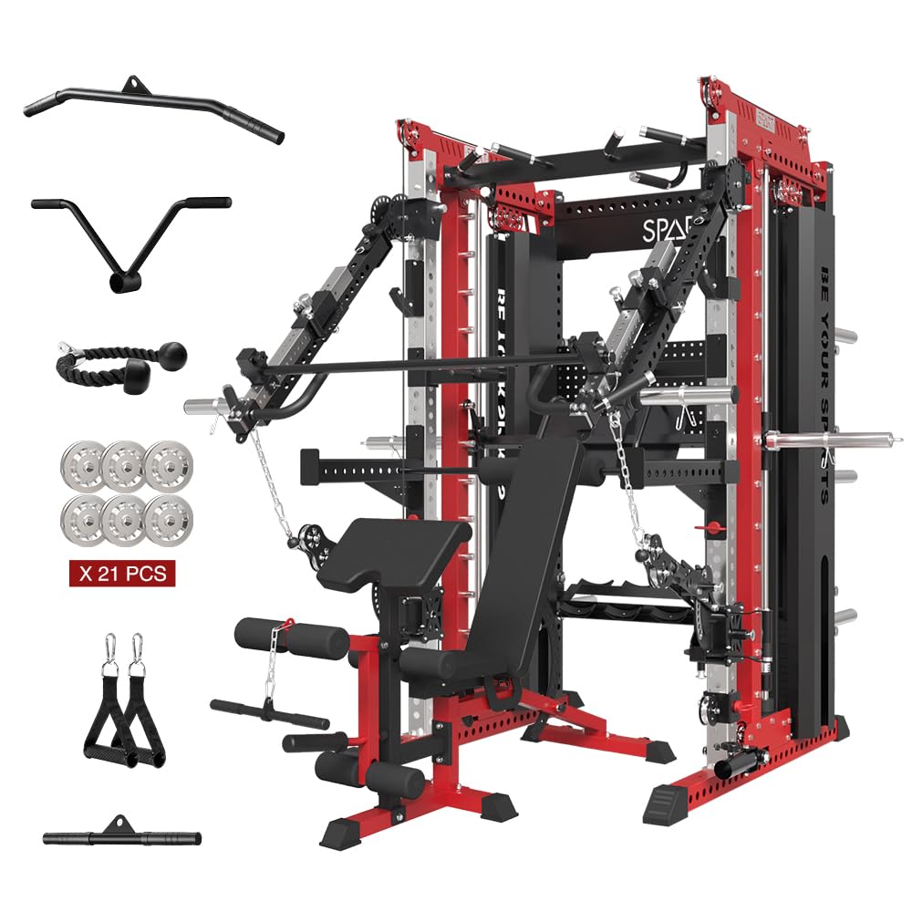 Commercial Smithe Machine with Weight Stack, All-in-One Power Cage Squat Rack Home Gym System with Leg Press Attachment & Cable Crossover, Multi-Functional Trainer with Dual Pulley System for Home Gym