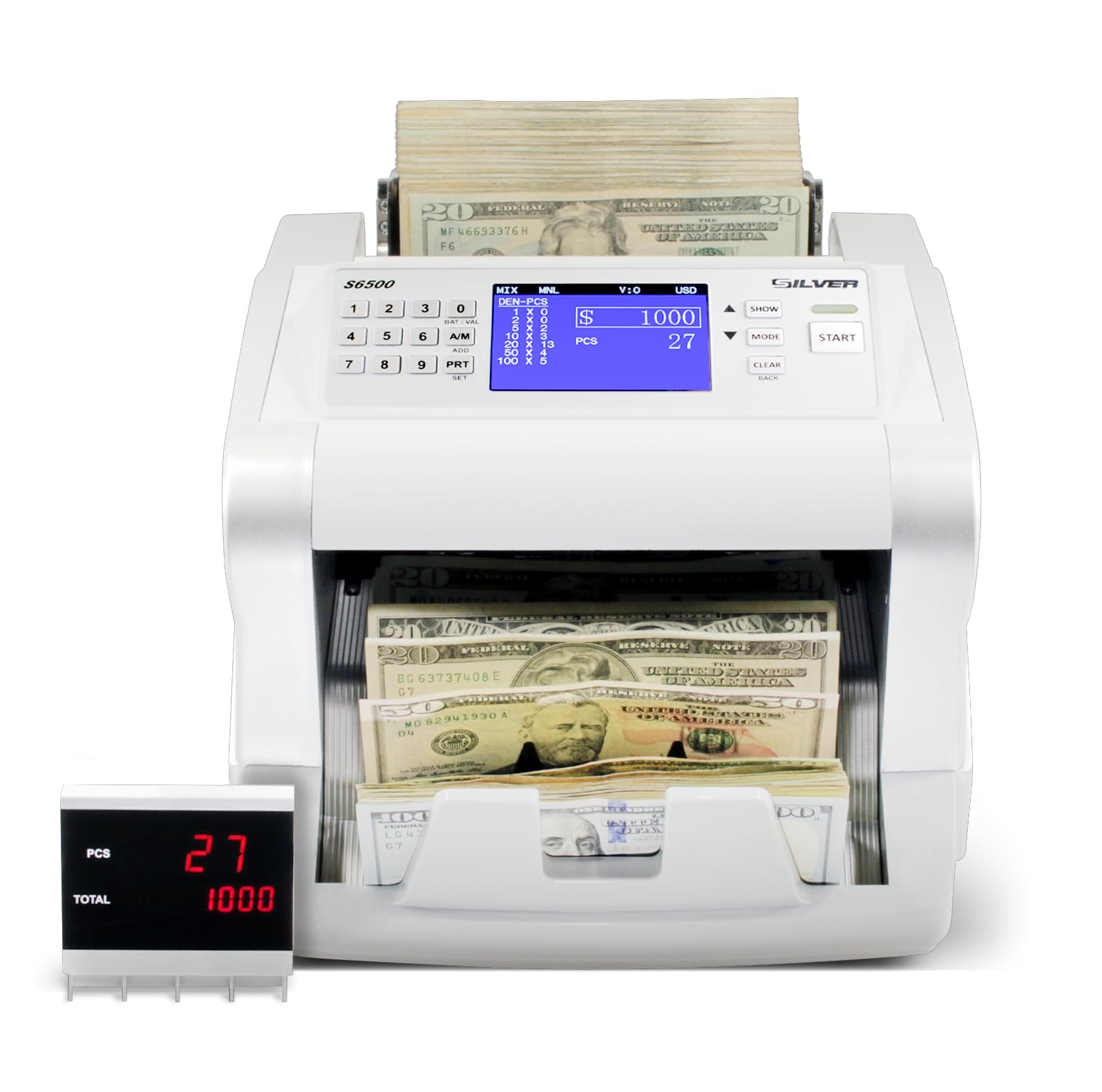 USD EUR CAD GBP MXN Money Counter Machine, Quick Mixed Denomination Bill Counter, Counterfeit Detection UV/MG/IR/DD/MT/DBL/HLF/CHN, with Printer Included, S6500