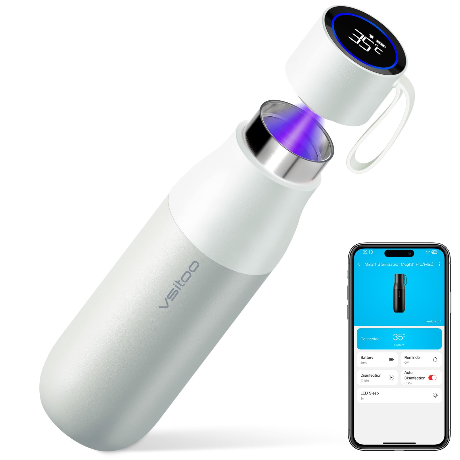 VSITOO 15oz Mini Smart Water Bottle，Self-Cleaning Insulated Bottle, Small Thermoses with AI, App & Touchscreen, Perfect Purse Water Bottle for Travel, Gym & Office, Pink