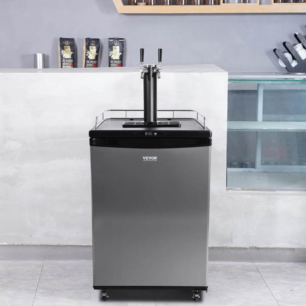 VEVOR Beer Kegerator, Dual Tap Commercial Draft Beer Dispenser for D system, Full Size Keg Refrigerator with 5lbs CO2 Tank, Hold 2 Sixth / 2 Ball lock keg, Black