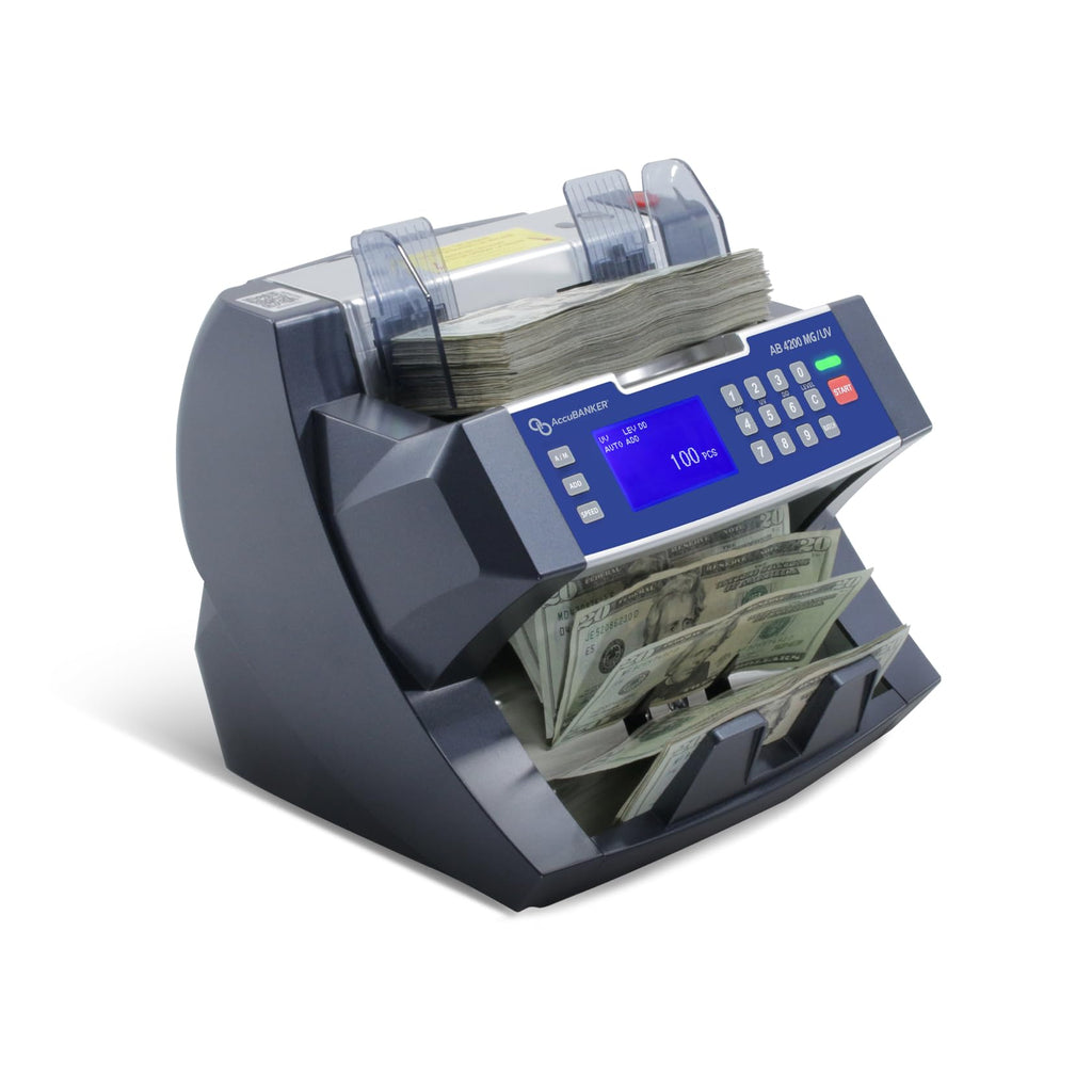 AccuBANKER AB4200MGUV Bill Counter Machine, 300 Bills Hopper Capacity Variable Counting Speeds up to 1,800 Bills/Min with 3-Point Counterfeit Detector Magnetic Ultraviolet, Commercial Grade, UL & CE