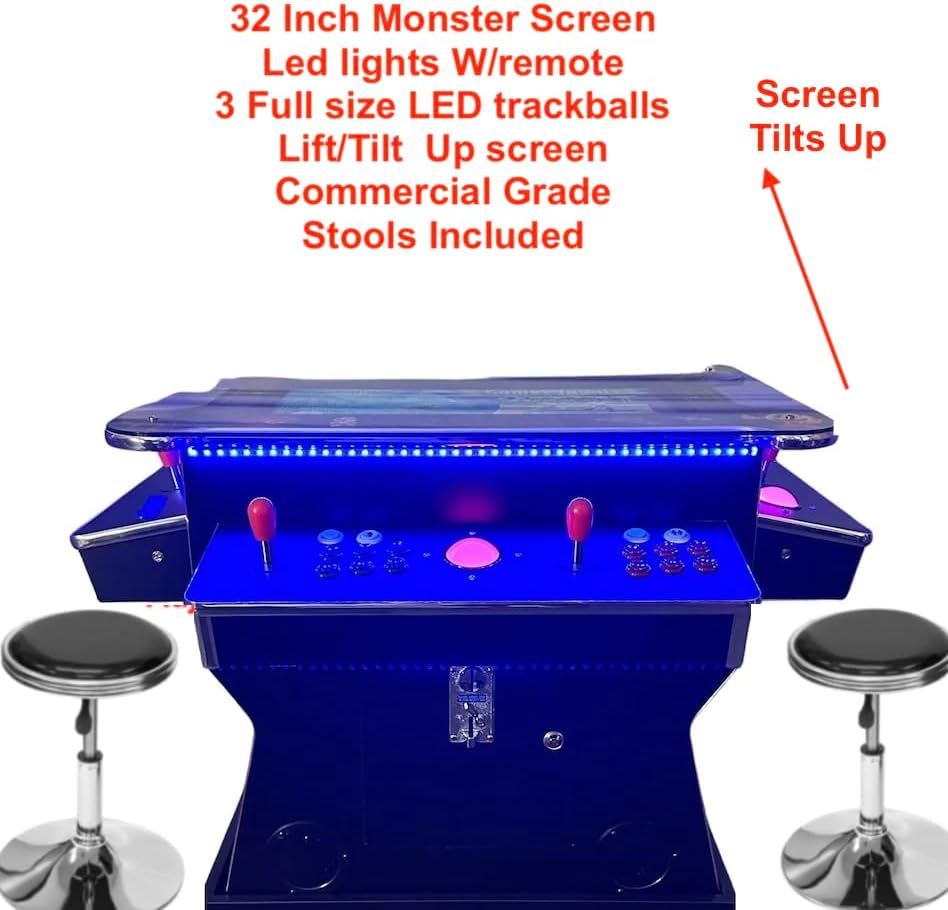 Top Us Video Arcades Full Size Commercial Grade Cocktail Arcade Machine 4500 Games Lift Up / Tilt Screen Monster 32 inch Screen Tempered Glass 2 Stools Included 5 Year Warranty Black Chrome
