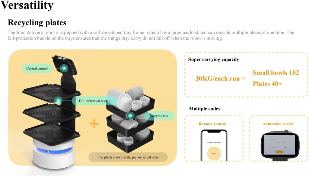 Indoor Waiter Robot with 360° No-Blind Camera, Delivery Service Robot Spill Proof Design & AI Reminder Light, Flexible Schedule for Restaurant KTV, Efficient Food Recycle & Delivery Service