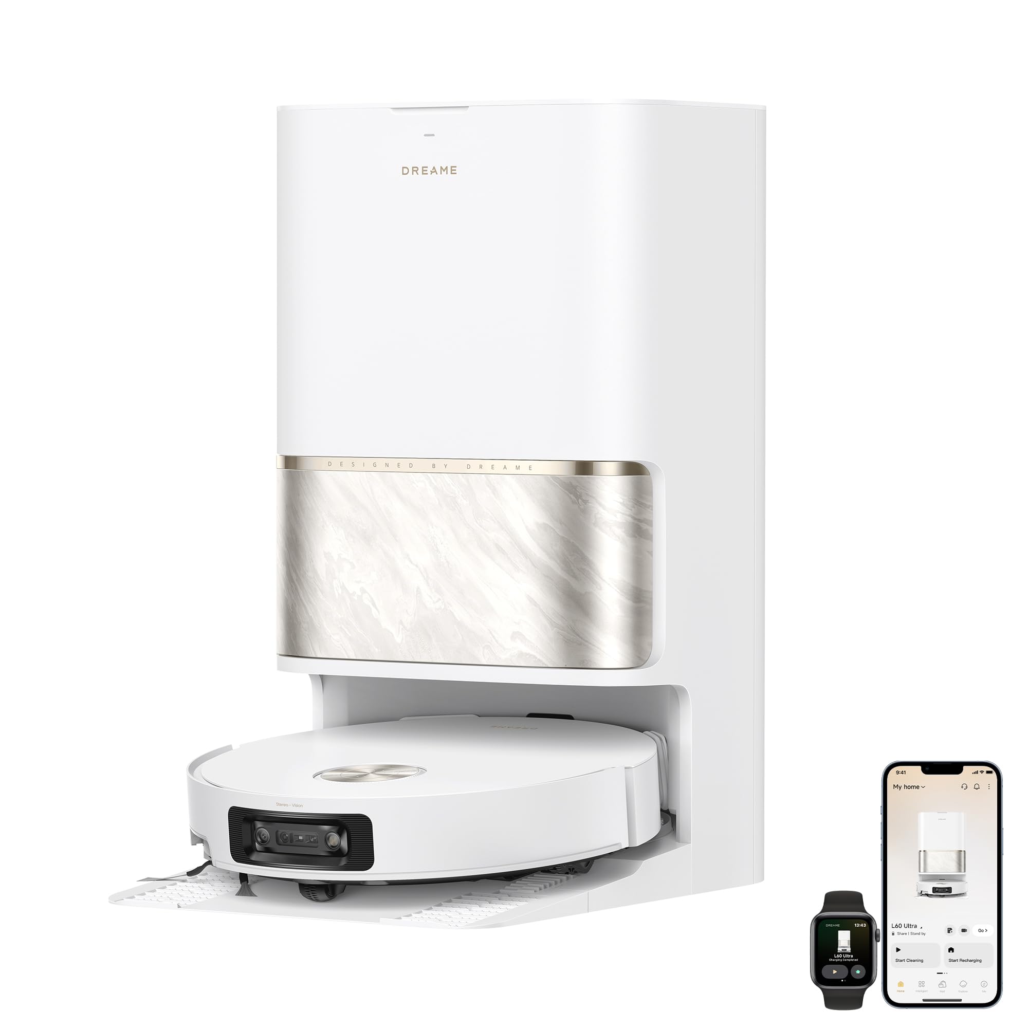 DREAME L60 Ultra Robot Vacuum and Mop, 35,000Pa Suction, Detangling Brush, AI-Enhanced 3D ToF Vision, 100℃ Mop Self-Cleaning, 280+ Object Types, Extendable Side Brush and Mop, White