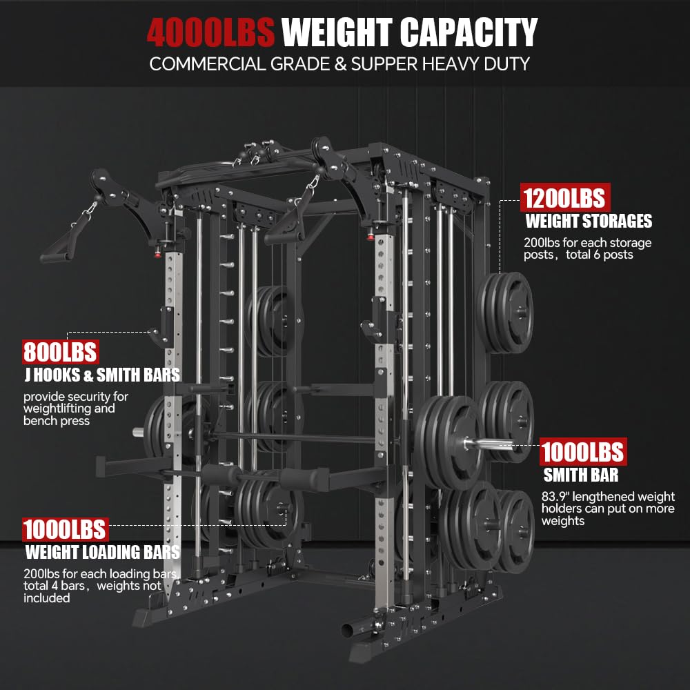 Commercial Smith Machine with Smith Bar, 4000LBS Power Cage Squat Rack with Lever Arm, Leg Press, LAT Pull Down System, Multi-Function Linear Bearing Cable Crossover Machine for Home Gym