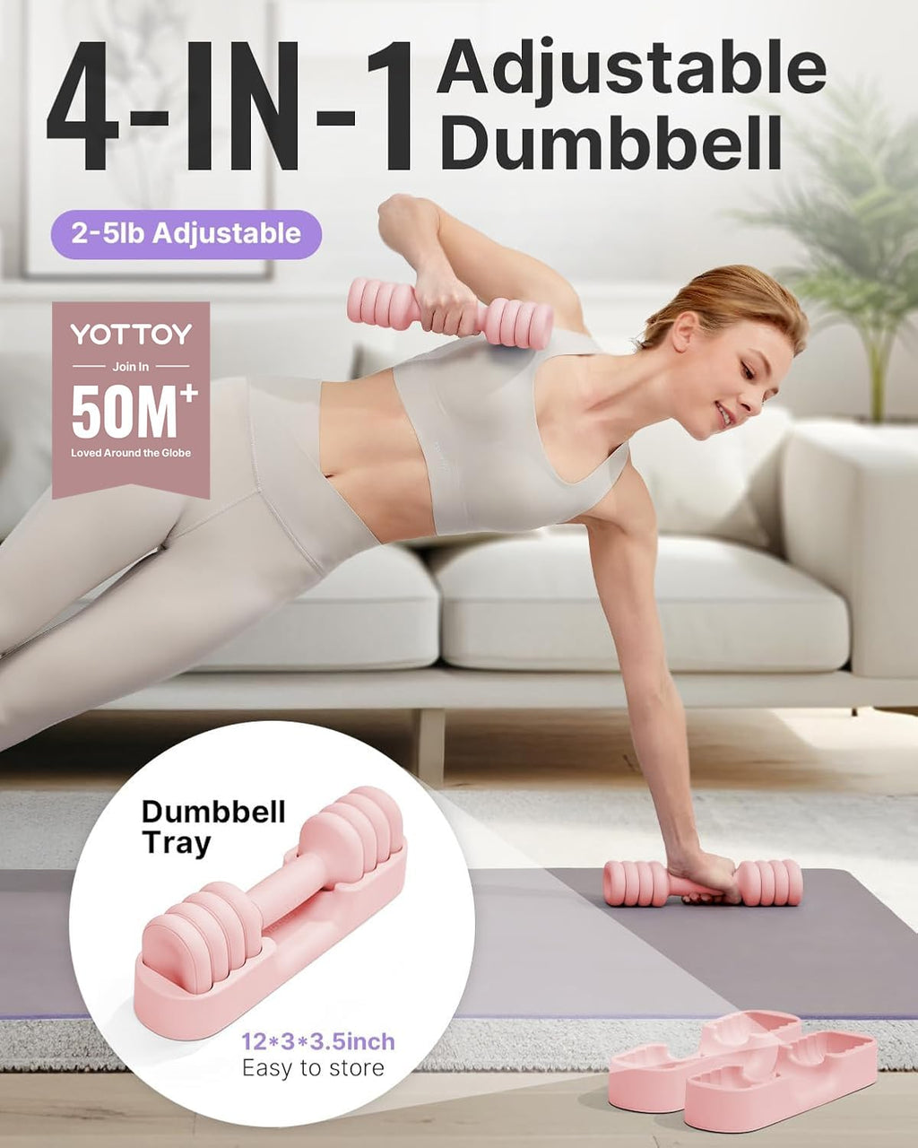 YOTTOY Adjustable Dumbbell Set of 2, 4-in-1 Hand Weights for Women at Home, Compact Free Weights Dumbbells Set with Soft Grip and Base, 2-5 lbs Each for Home Gym