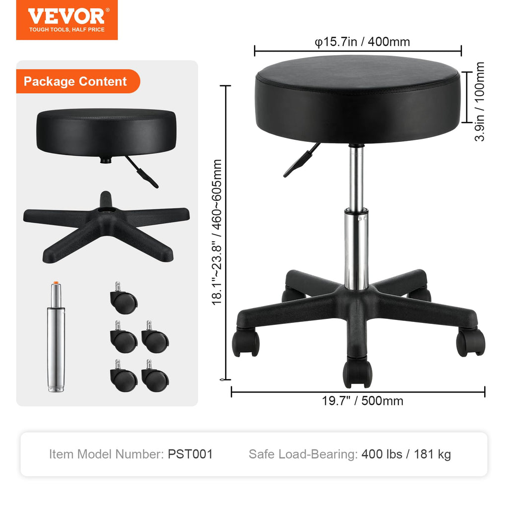 VEVOR Rolling Stools with Wheels, 400 LBS Weight Capacity Adjustable Height Stool with Ultra-Thick Seat Cushion, Swivel Stools Chair for Salon, Bar, Home, Office, Tatoo, Medical, Massage, Black