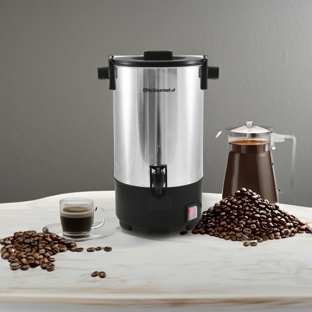 Elite Gourmet 100-Cup Commercial Coffee Urn & Hot Water Boiler – Dual-Wall Insulated, Tested to Keep Coffee Hot for 24 Hours, Dripless Faucet, Stainless Steel for Offices, Churches & Catering