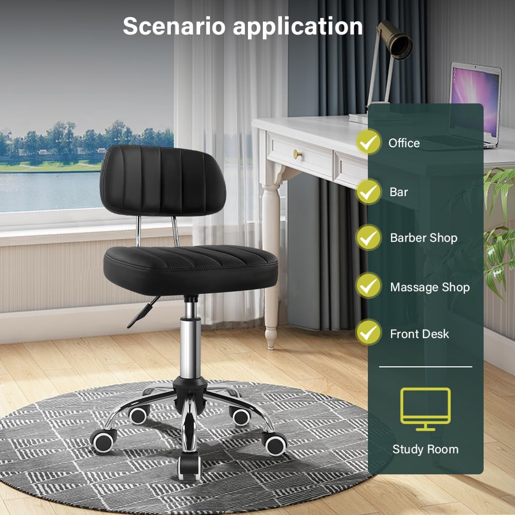 BFTOU Black Square Swivel Stool with Wheel for Work SPA Shop Massage Height-Adjustable and Cost-Effective Rolling Stool Chair with Back
