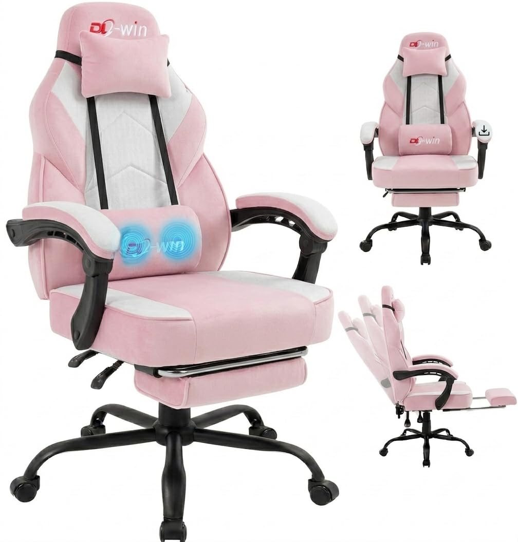 Shintenchi Big and Tall Gaming Chair Fabric Pocket Spring Cushion,High Back Recliner with Footrest and Headrest for Adults, Massage Lumbar Support for Home Office, Ergonomic Computer Desk Chair, Blue