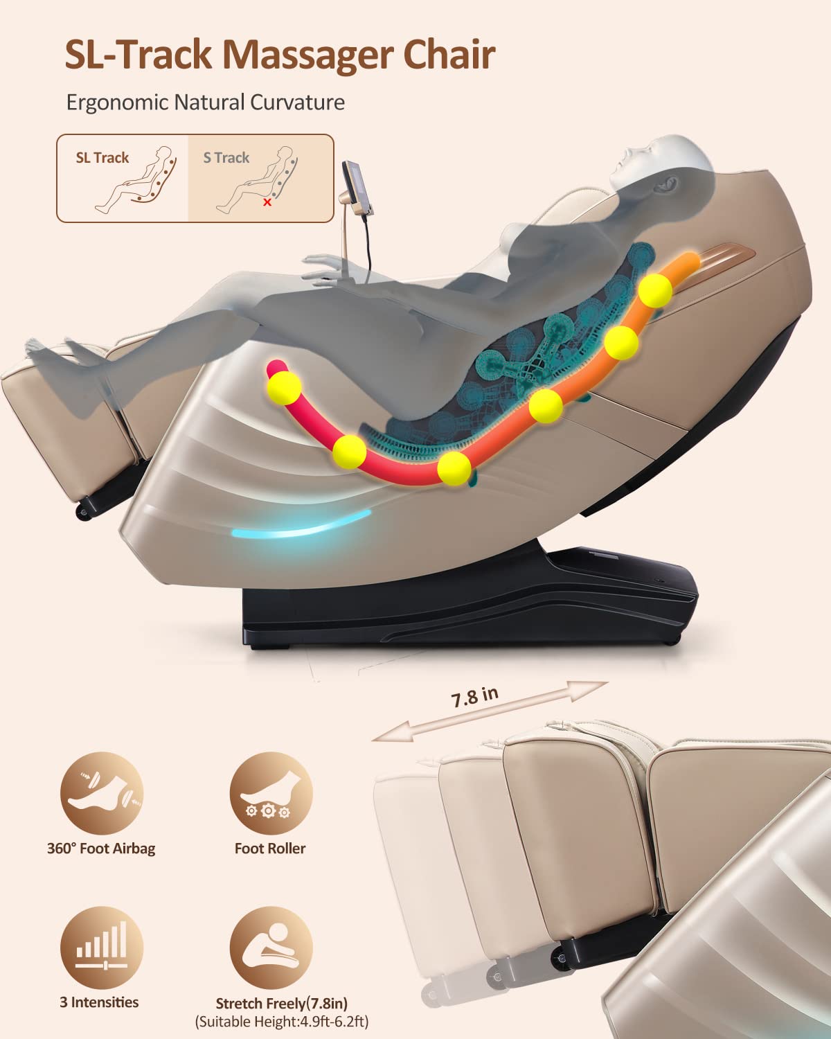 RELX Massage Chair Full Body, 20 Modes Zero Gravity SL-Track Shiatsu Massage Chair Built-in Heat System, Airbag Massage with Body Scan, Deep Yoga Stretch, Calfrest Extension and AI Control(Cream)