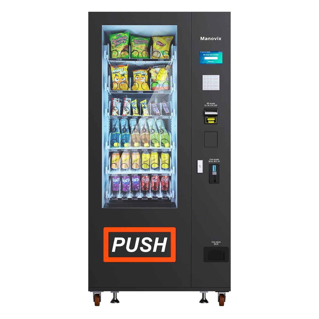 Manovix Refrigerated Beverage Snack Combo Vending Machine for Business, 36 Slots Snacks Drink Commercial Vending Machine Durable Cold Soda with Bill and Coin Acceptor