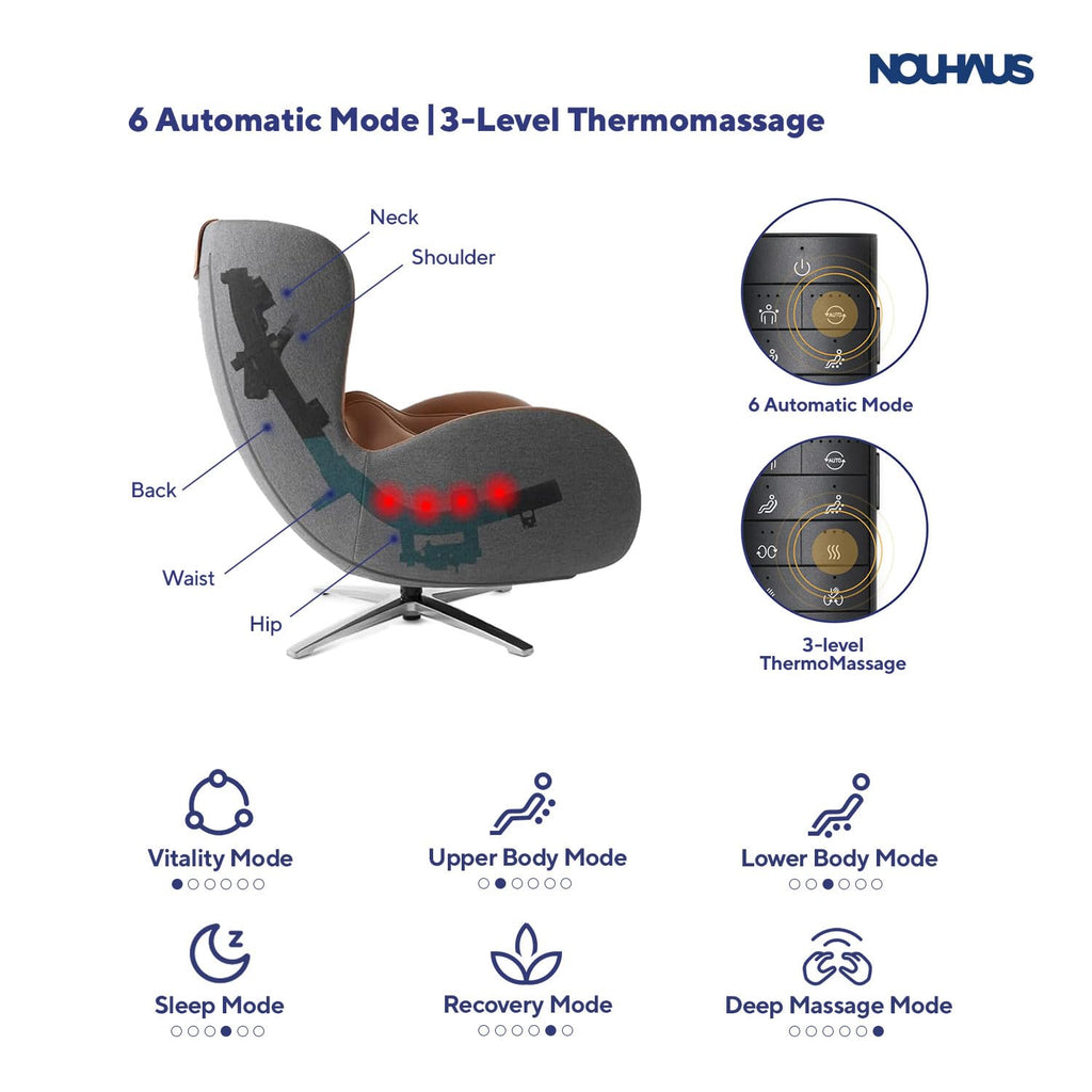 Nouhaus Classic Massage Chair with Ottoman – Caramel Leather Recliner with Percussive Shiatsu Massager, Built-in Speaker & Full Body Spot Massage – Ultimate Comfort for Home & Office