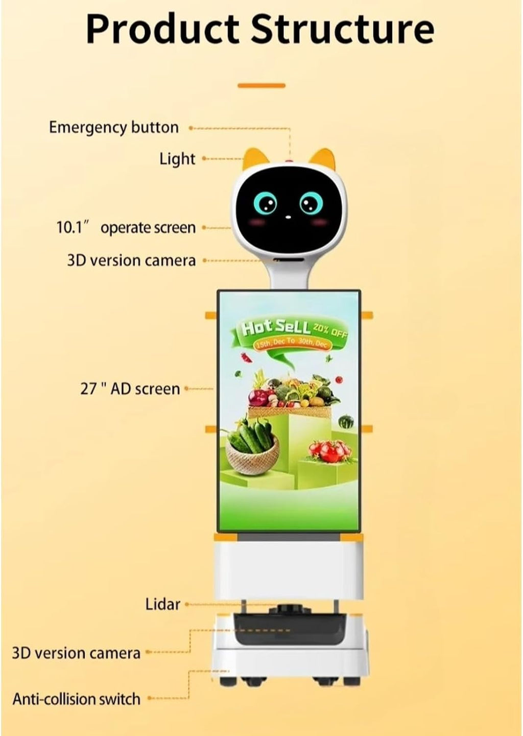 Automatic Food Delivery Robot with Smart Tray Sensor, Vehicle-Grade Damping Chassis for Restaurant Hotel, Waiter Robot with Cruise Broadcast & HD Touch Screen for Marketing Display