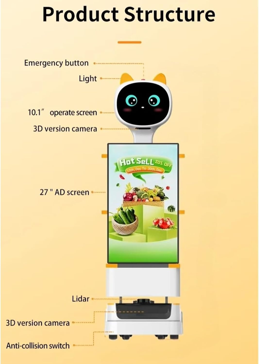 Automatic Food Delivery Robot with Smart Tray Sensor, Vehicle-Grade Damping Chassis for Restaurant Hotel, Waiter Robot with Cruise Broadcast & HD Touch Screen for Marketing Display