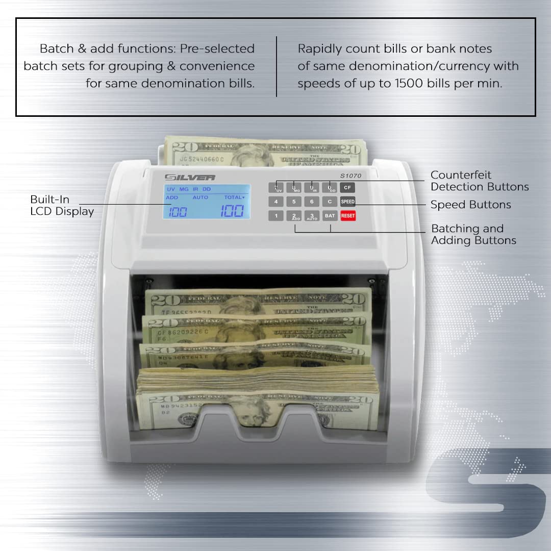 Money Counter Machine UV/MG/IR/DD/DBL/HLF/CHN Counterfeit Money Detection Bill Counter with LCD Display, S1070
