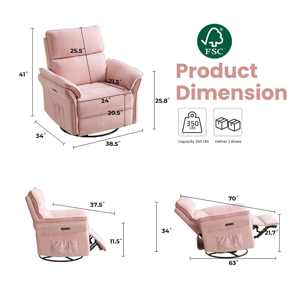 Oversized Rocking Chair Nursery with Massage and Heat, Glider Recliner Nursery Chair with Adjustable Headrest, Power Swivel Rocker Recliner Chair with USB Port, Dark Grey