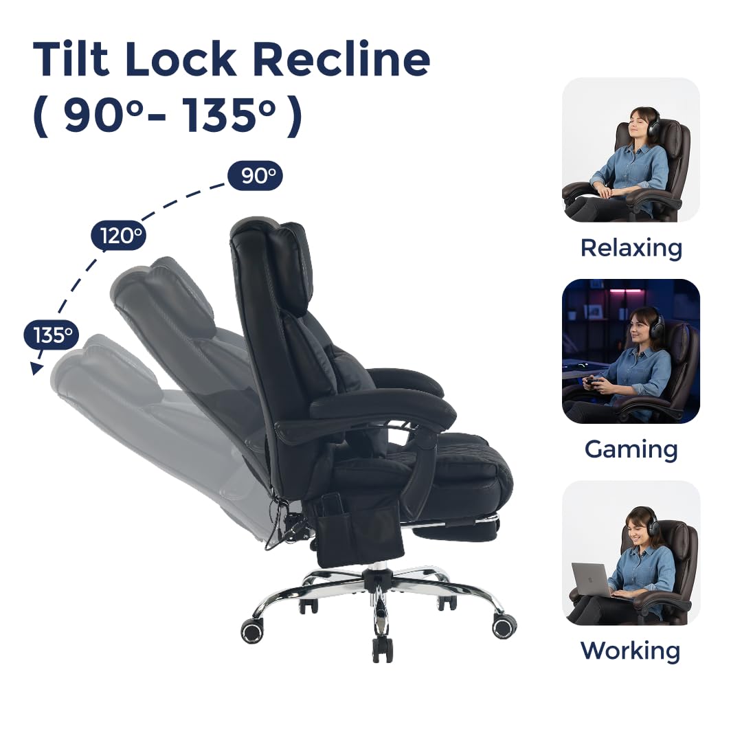 Ergonix Massage Office Chair with 2-Point Kneading & Heat | Reclining Ergonomic Executive Desk Chair | Adjustable Height Footrest Lumbar Support | 500 lbs Capacity | Dark Brown Leather