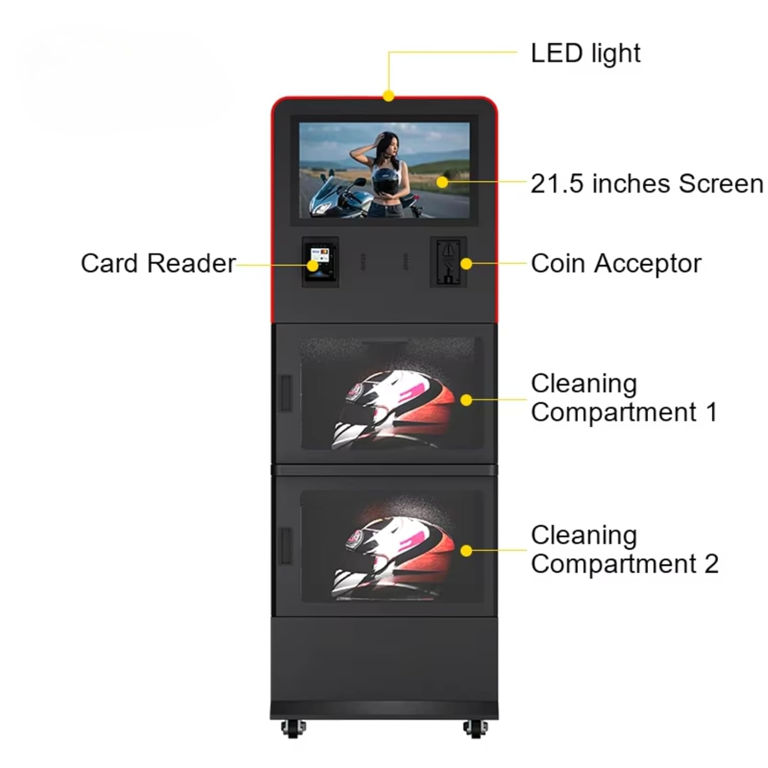 Helmet Cleaning Vending Machine, Dual-Tank Fully Automatic Helmet Cleaning Machine, Large Touch Screen, Multi-Language Voice prompts; Supports Multiple Payment Channels.
