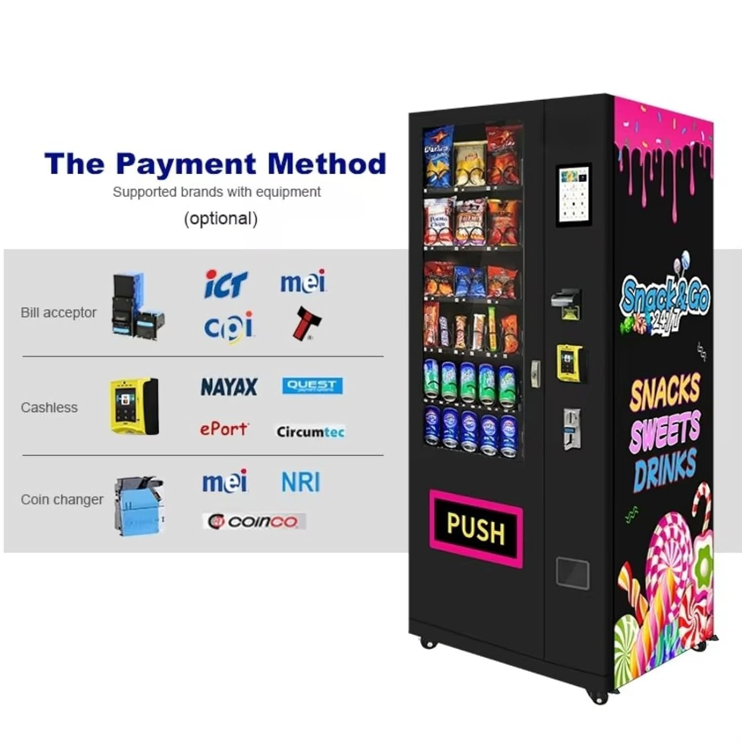 Automated vending machine for snacks, beverages, coffee, and soda; refrigerated vending machine with touch card reader, accepts banknotes/coins, adjustable coin slot; suitable for offices and schools.