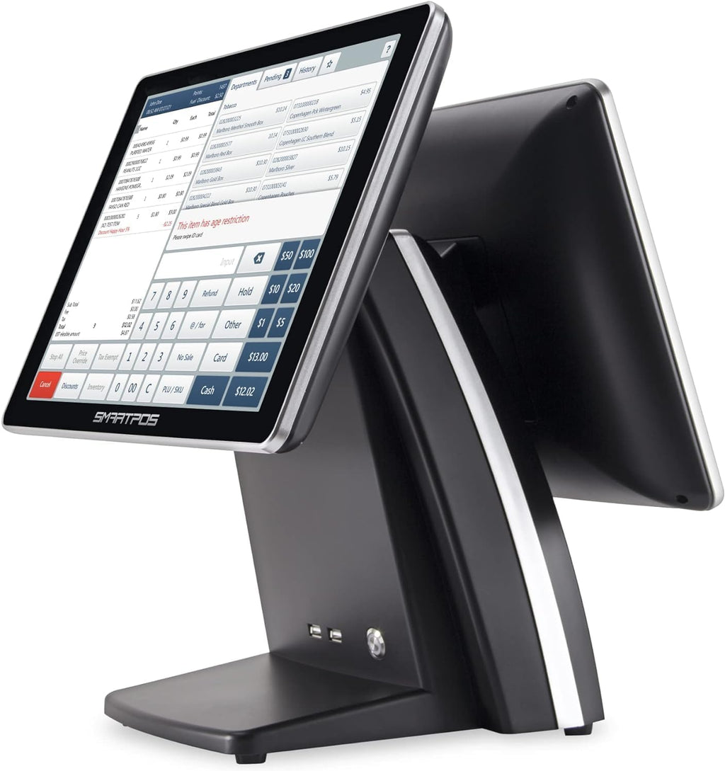 All-in-One SmartPOS-129 Professional Cash Register for Small Business, POS Bundle Includes: Cashier Touch Screen Monitor, Customer-Facing Display, Cash Drawer, Thermal Printer, 2D Barcode Scanner