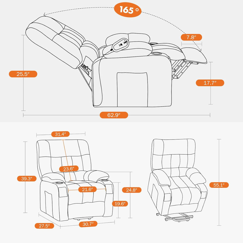Sweetcrispy Power Lift Recliner Chair with Vibration Massage and Heat for Adults, Ergonomic Overstuffed Breathable Fabric Reclining Chair with Side Pockets, Remote Control, Living Room, Bedroom, Brown