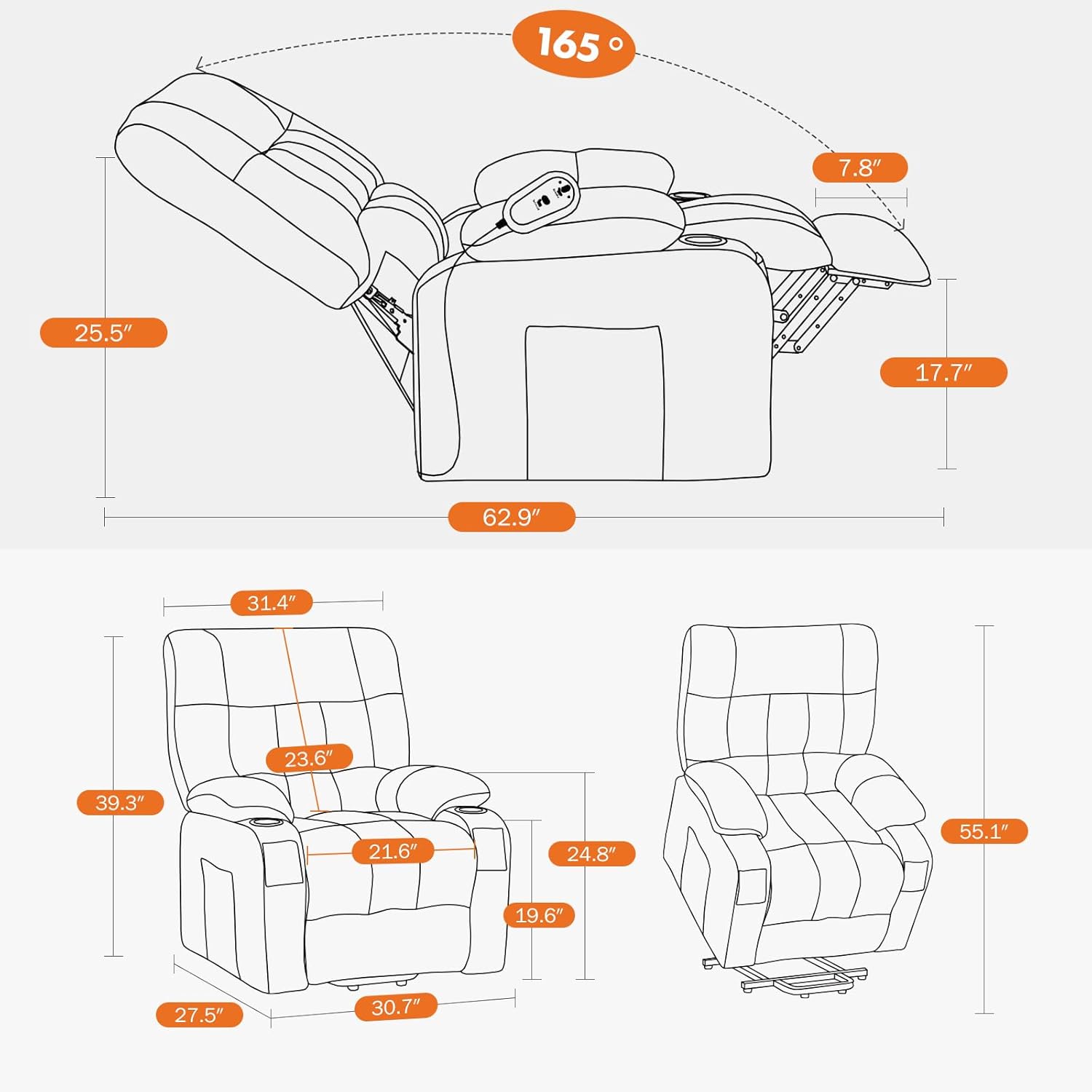 Sweetcrispy Power Lift Recliner Chair with Vibration Massage and Heat for Adults, Ergonomic Overstuffed Breathable Fabric Reclining Chair with Side Pockets, Remote Control, Living Room, Bedroom, Brown