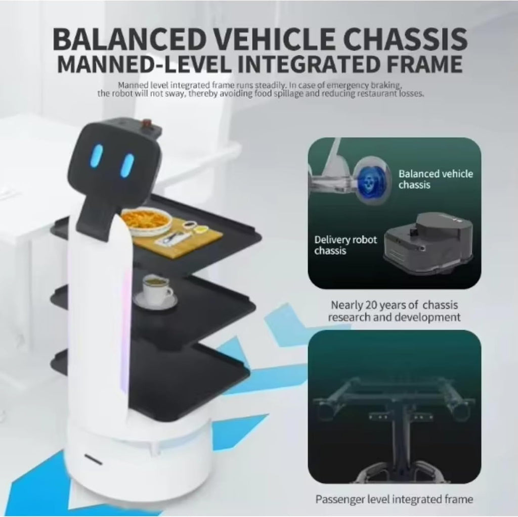 Humanized Delivery Robot with Smart Table Locator System, Shock-Absorbing Structure & Precise Speed, Multi-Table Service Robot for Restaurant Hotel, Auto Charge & Long Working Time
